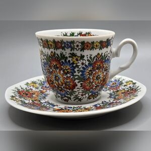 Small Tea Cup & Saucer Made in Poland Hand Painted 2.5" Tall EUC
